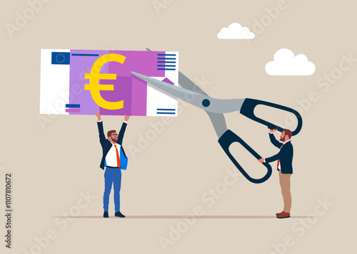 Business people cutting scissors to cut euro banknotes. Divide money, share profits. Flat vector illustration.