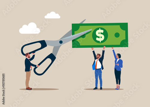 Business people cutting scissors to cut dollar banknotes. Divide money, share profits. Flat vector illustration.