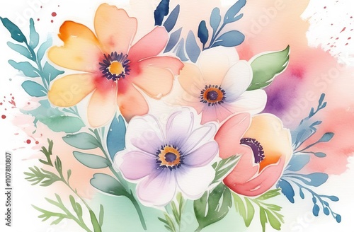 Watercolor flowers for postcard template Decorative flowers, petals, branches and leaves. Watercolour composition for wedding invitation. Print for t-shirt, wallpaper, nursery decoration