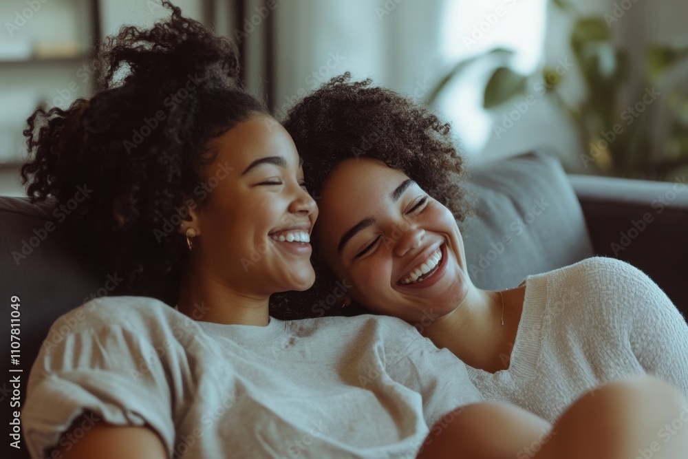 Obraz premium Two smiling friends enjoying a cozy moment together on a couch.