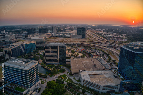 Aerial View of the Plano, Texas Business District during Summer Sunset photo