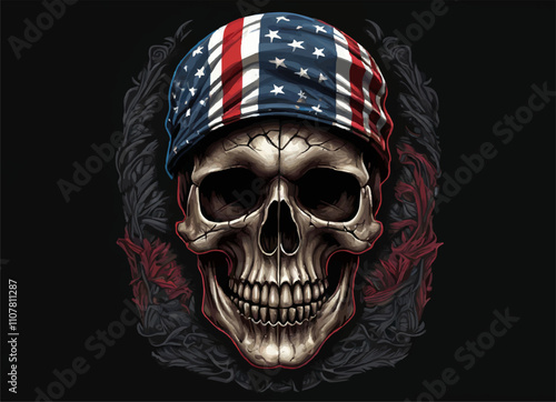 Vector drawing for t-shirt. 
Human skull with american flag 
tied in bandana on head on black background. 
Fashionable print for fabric, paper, men clothing.
T shirt design. Jolly Roger, pirate symbol photo