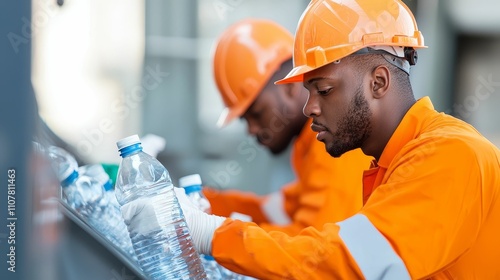 plastic waste microplastics reduction concept, Two workers in orange safety gear focus on sorting plastic bottles in a recycling facility, promoting environmental sustainability. photo