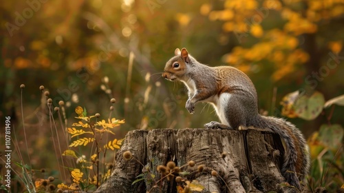 photograph of Gray squirrel as it perches on a dead tree stump Forest photo