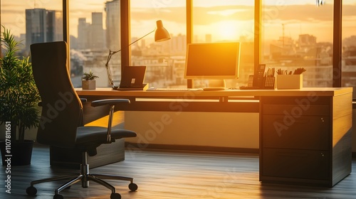 A modern office with a high ceiling, neutral furniture, and a large window offering natural light. photo