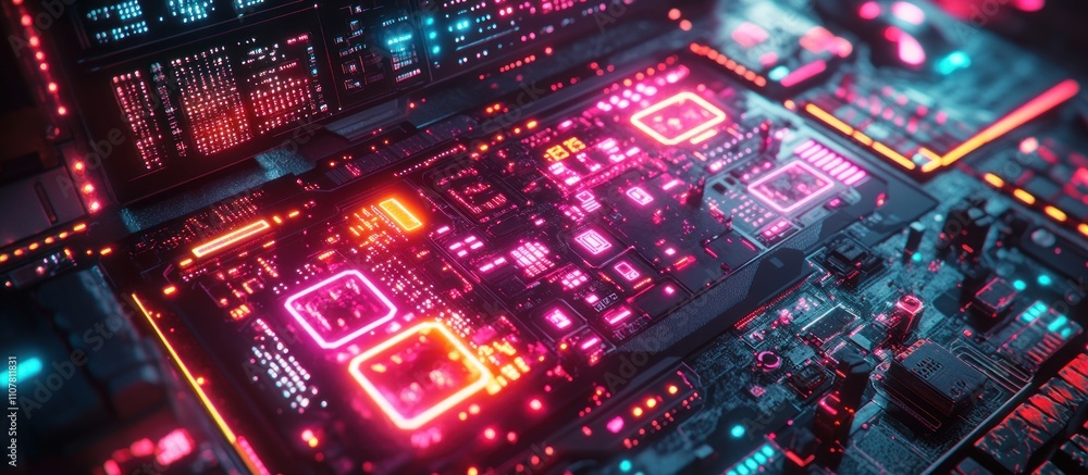 Fototapeta premium Futuristic neon-lit circuit board close-up.