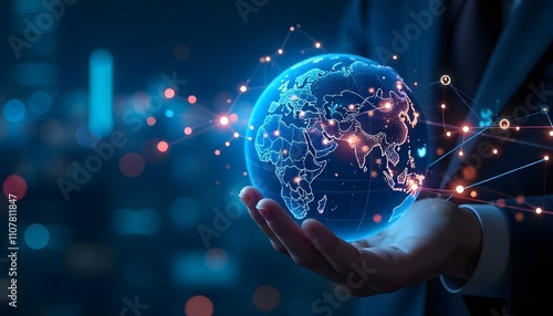 Businessman holding global network hologram in his hand. 3D rendering