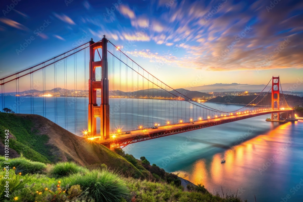 Fototapeta premium Golden Gate Bridge framed by a vibrant blue sky and a soft bokeh effect, perfect for scenic photography, landscape art, travel inspiration, and nature enthusiasts.