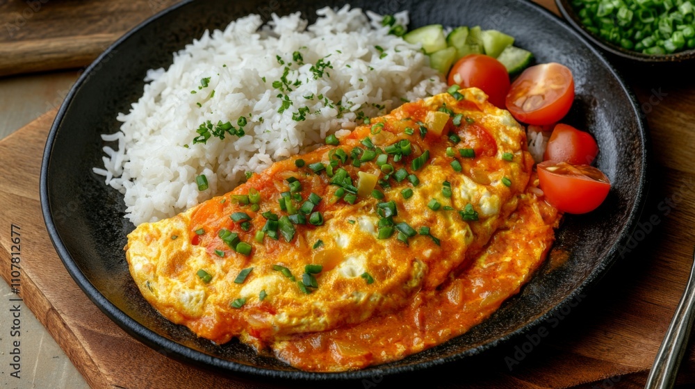 Delicious Omelette with Rice and Fresh Vegetables on a Plate Delicious Omelette with Rice and Fresh Vegetables on a Plate
