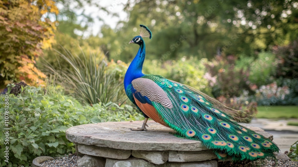 Obraz premium Vibrant Peacock in Full Display, an elegant garden scene featuring a peacock showcasing its dazzling feathers, perfect for wildlife and nature-themed projects.