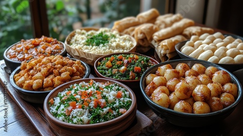 arabic cuisine middle eastern traditional lunch it s also ramadan iftar the meal eaten by muslims after sunset during ramadan assorted of egyptian oriental dishes served food for family gatherin photo