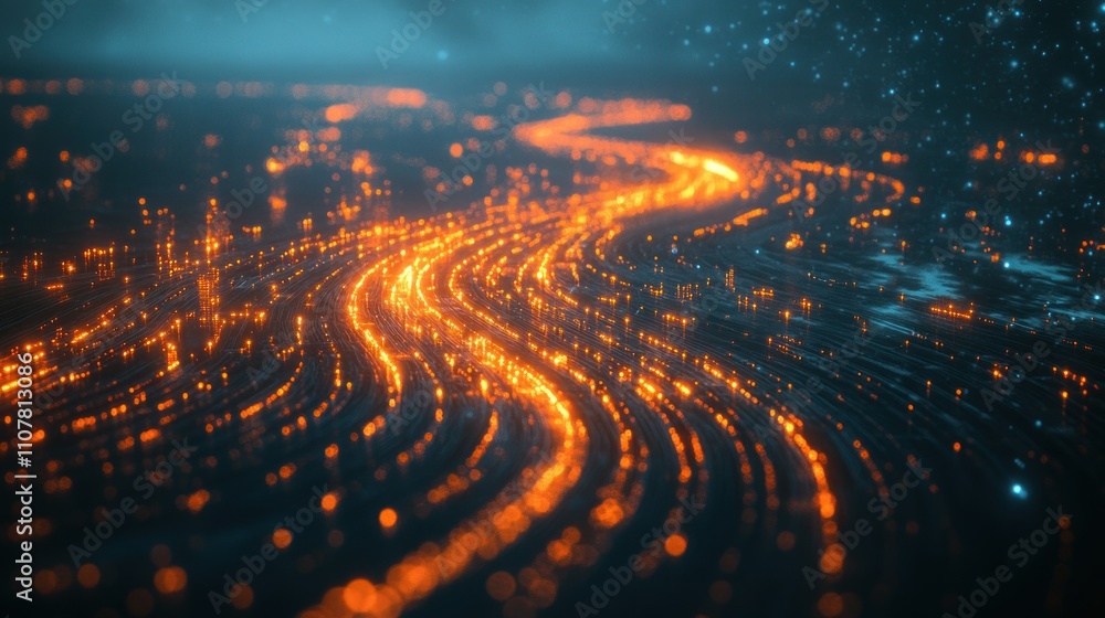 Obraz premium Abstract glowing lines forming a river or road in a futuristic digital landscape.