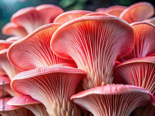 Gorgeous close-up of vibrant pink oyster mushrooms, showcasing their organic beauty. Perfect for healthy eating, these gourmet ingredients offer nutrient-rich flavors and textures from natureâ€™s boun photo