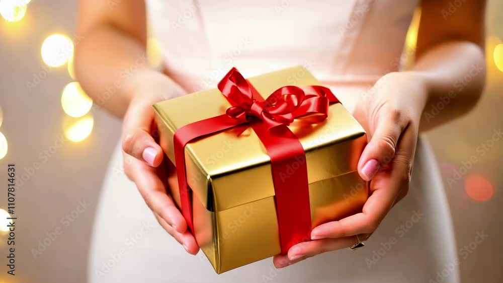 A person holds a shiny gold box tied with a red ribbon, showcasing the anticipation of giving and receiving gifts during a lively celebration. The festive atmosphere is enhanced by soft lighting. A person holds a shiny gold box tied with a red ribbon, showcasing the anticipation of giving and receiving gifts during a lively celebration. The festive atmosphere is enhanced by soft lighting.
