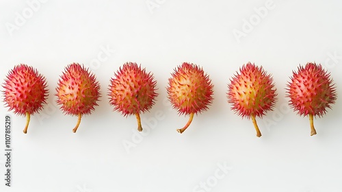 Rambutan fruits arranged in a neat row on a clean white surface photo