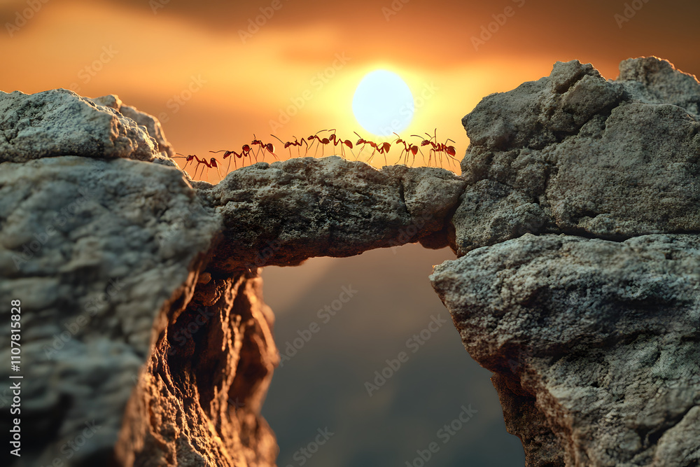 Fototapeta premium Close-Up of Ants Building a Bridge on Rocky Terrain: Teamwork in Nature
