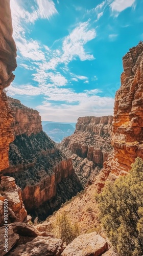 Majestic Grand Canyon Vista, sweeping panoramic scene of vibrant rock formations under a clear blue sky, ideal for inspiring travel adventures and exploration. photo