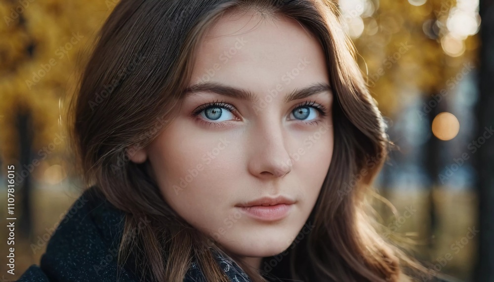 Fototapeta premium A young woman 20-25 years old with striking blue eyes stands against a backdrop of golden autumn leaves in Russia. The soft light highlights her natural beauty and serene expression. Generative AI