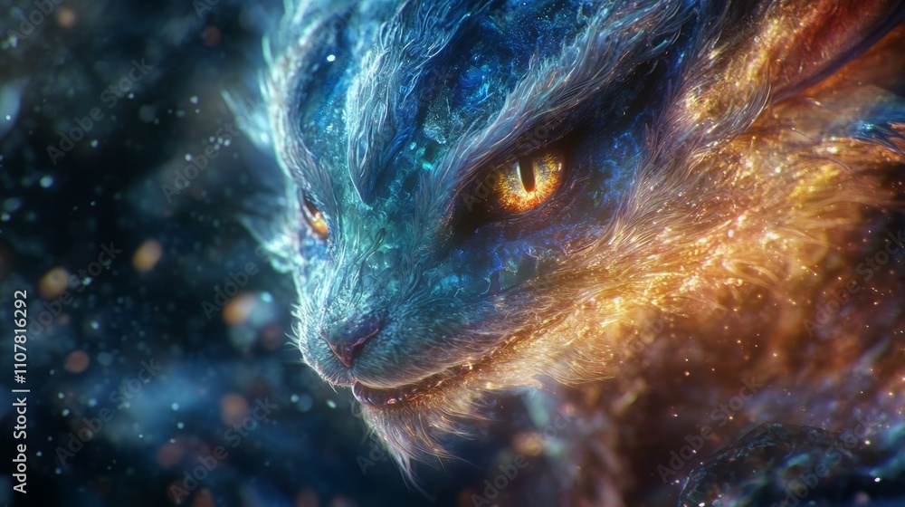 Obraz premium Intricate details of a fantastical creature, combining elements of various animals, shimmering scales and fur, expressive eyes, magical aura