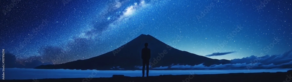 Fototapeta premium Starry Night Over Mountain Peaks, a stunning display of the Milky Way illuminating a vast night sky, inspiring feelings of awe and adventure in a tranquil wilderness setting