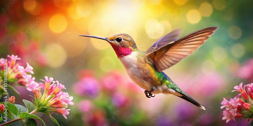 Fototapeta premium Hummingbird in pastel watercolor captures nature's beauty, showcasing exquisite details through tilt-shift photography, emphasizing the delicate balance of light and color in vibrant settings.