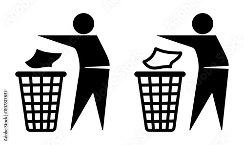 Trash vector icon. Trash icon vector illustration isolated on white background. Trash Basket vector. Throwing paper to Dustbin icon.no litter. Waste disposal. Dustbin. 
