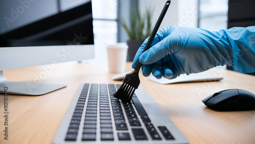Cleaning a computer keyboard with a brush in a modern workspace environment