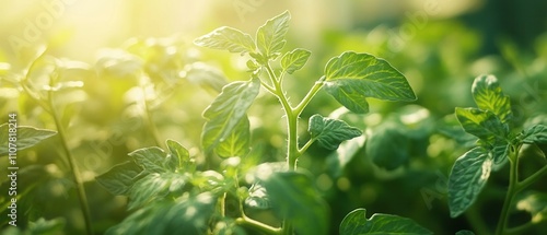 Lush green leaves basking in sunlight during a beautiful morning. photo