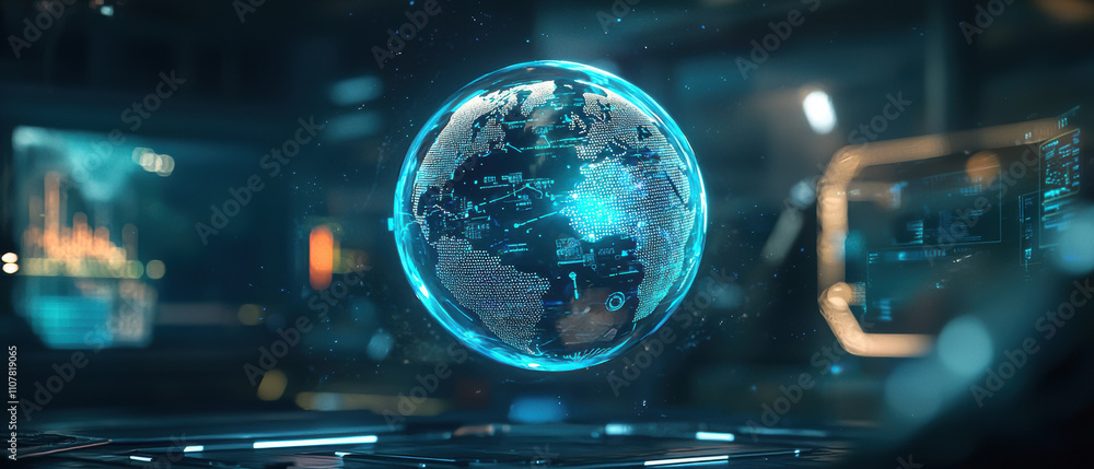 Fototapeta premium high resolution image of detailed holographic globe showcasing futuristic design with glowing elements and digital interfaces. scene conveys sense of advanced technology and innovation