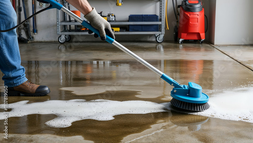 Cleaning a garage floor with a scrubber in a home workshop during daylight hours