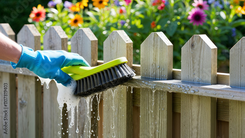 Cleaning a wooden fence with soap and water while surrounded by colorful flowers on a sunny day