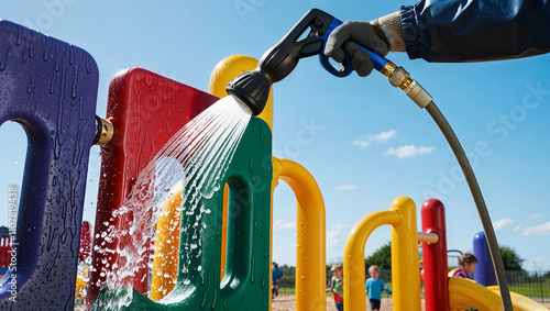 Cleaning colorful playground equipment with a hose on a sunny day during outdoor playtime