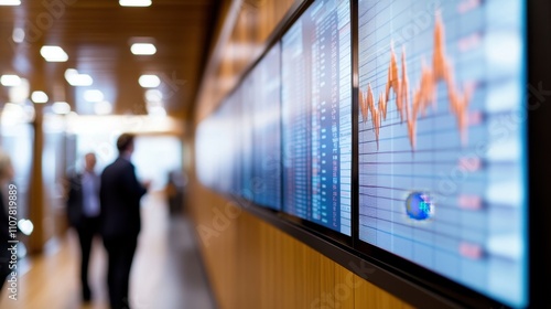 Wallpaper Mural A modern office interior featuring digital screens displaying financial data and stock market trends, with professionals in the background. Torontodigital.ca