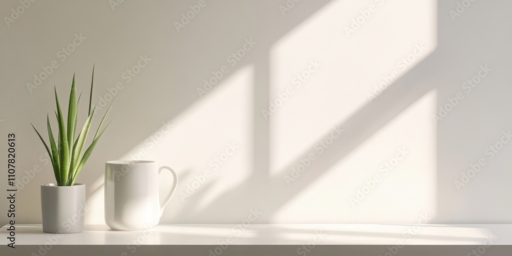 Fototapeta premium A minimalist scene featuring a small potted plant and a white pitcher, illuminated by soft sunlight casting shadows on a light wall.