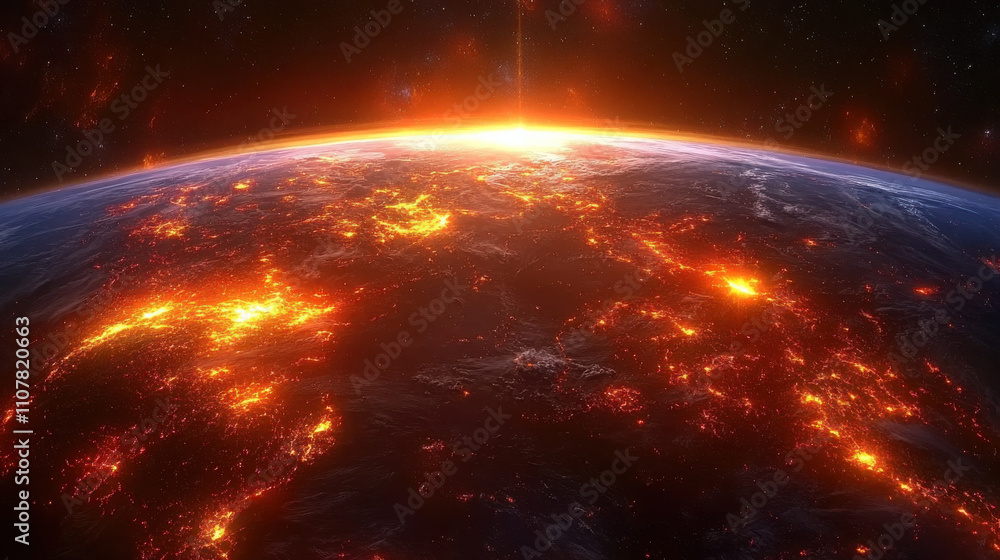 Obraz premium Sunrise over planet Earth showcasing vibrant colors and glowing landscapes, creating breathtaking view of our planet from space, evoking sense of wonder and beauty
