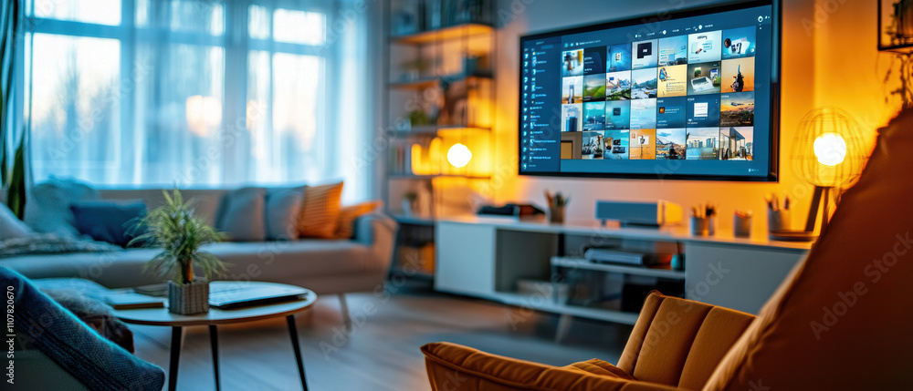 cozy modern remote work environment featuring stylish living room with large screen displaying images. warm lighting creates welcoming atmosphere cozy modern remote work environment featuring stylish living room with large screen displaying images. warm lighting creates welcoming atmosphere