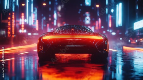 Futuristic sports car driving through a vibrant, neon-lit city at night, reflecting in wet asphalt.