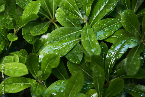 Fresh schefflera arboricola plant with water droplets