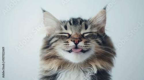 A fluffy cat with a joyful expression, eyes closed and tongue out, exuding happiness against a light background.