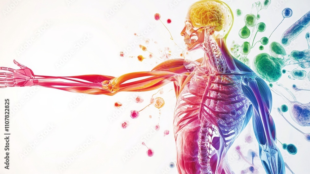 Fototapeta premium An artistic visualization of the human musculoskeletal system with intricate, colorful illustrations of bones and muscles, set against a sleek