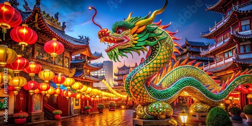 Vibrant Lunar New Year Dragon Decoration in Urban Setting Celebrating Cultural Heritage and Festivities with Colorful Lights and Traditional Elements