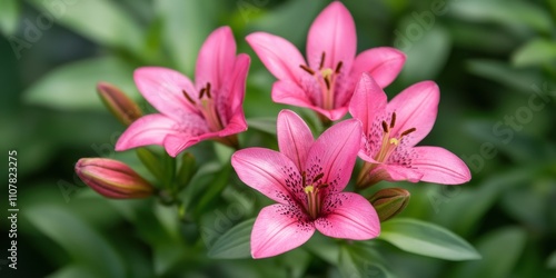 Vibrant pink lilies bloom amidst lush green foliage, showcasing delicate petals and intricate details, perfect for garden enthusiasts and floral lovers.