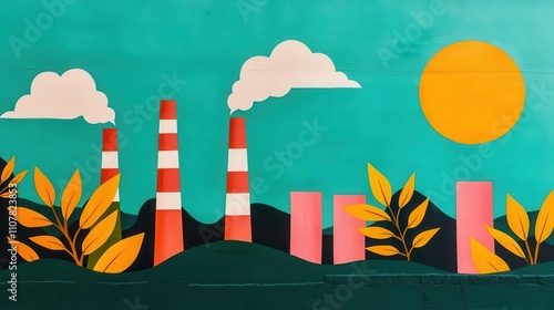 Artistic murals depicting clean energy on the walls of green factories, Sustainability, Cultural environmentalism photo