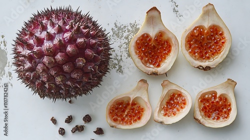 A takhop fruit with its spiny exterior placed next to a few sliced pieces of the fruit on a white surface photo