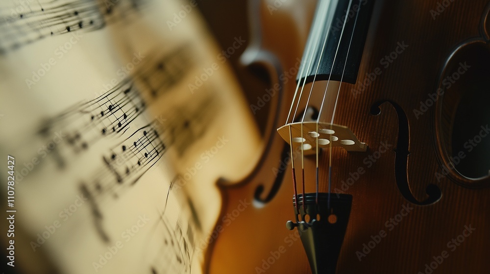 Fototapeta premium Wooden violin part on music notes background