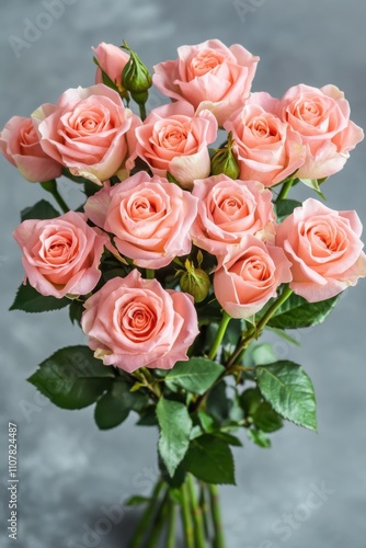 Beautiful bouquet of fresh pink roses with delicate petals and lush green leaves arranged elegantly against a soft gray background for a romantic setting or floral decor.