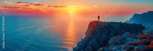 A person stands on a rocky cliff, gazing at the vibrant sunset over a calm ocean, surrounded by rugged landscape and warm hues of the sky.