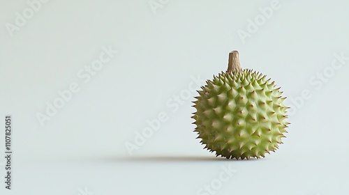 A minimalist arrangement of a single takhop fruit with its green spiny surface, placed on a plain white background photo