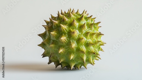 A close-up shot of a single takhop fruit, emphasizing its rough and spiky green surface, on a white background photo