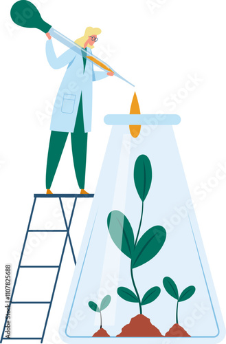 Scientist standing on a ladder adding liquid with a dropper to a beaker with plants growing inside, representing research, science, and growth